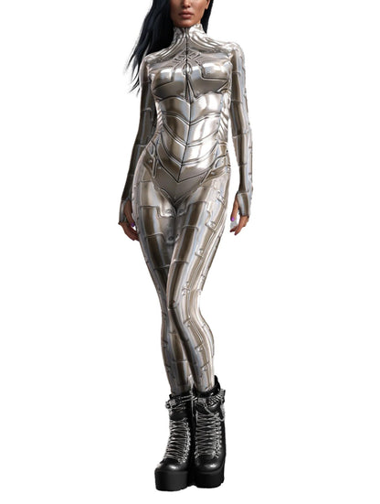 Silver Armor Print Bodysuit for Women Full Body Metallic Sci-Fi Jumpsuit Long Sleeve Stretch Cosplay Costume (HX116, XL)