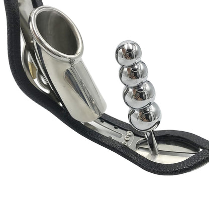 Stainless Steel Push Lock Version Male Chastity Belt with cage Adjustable Chain Detail Pants Waist 76-100cm (Black with Butt Plug)