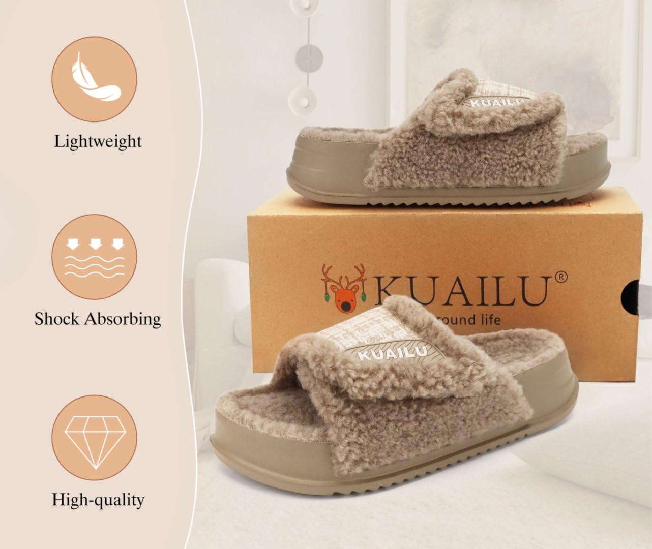 KuaiLu Cushion Slippers For Women with Orthopedic Arch Support Wide Adjustable Open Toe Platform Furry Fur Sandals Warm Teddy Fleece Recovery Slides Slip On House Shoes Indoor Outdoor, Beige US11