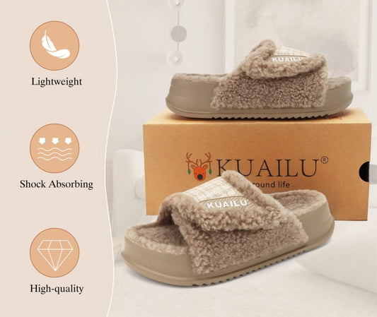 KuaiLu Cushion Slippers For Women with Orthopedic Arch Support Wide Adjustable Open Toe Platform Furry Fur Sandals Warm Teddy Fleece Recovery Slides Slip On House Shoes Indoor Outdoor, Beige US11