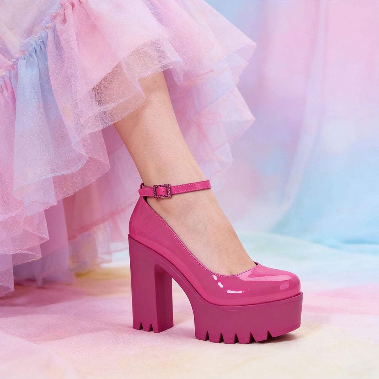 Goth Platform Crystal Ankle Strap Round Toe Pumps Hook Block Chunky Block High Heels Fashion Dress Shoes Evening Mary Jane Shoes Wrap Toe Sexy Party Dress Shoes