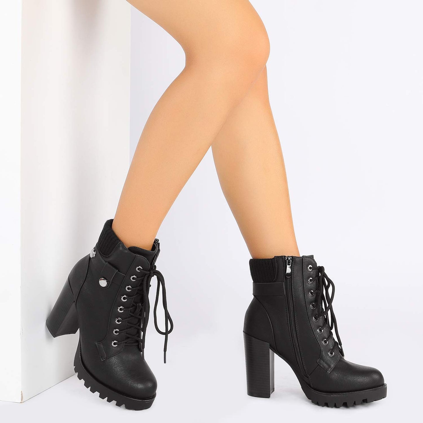 DREAM PAIRS Women's Lace up Combat Ankle Boots High Chunky Heel Fashion Heeled Booties Shoes,Size 5,BLACK,SCANDL