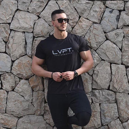 Lingt Chic Men's Gym Body Building Sports Running Workout Training Exercise Fitness Tees Shirt (US, Alpha, XX-Large, Regular, Regular, Black)