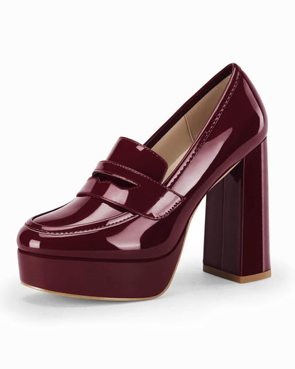 Womens Platform Heels Loafers Chunky High Heel Closed Toe Patent Leather Shoes Penny Loafer Business Dress Work Pumps Burgundy
