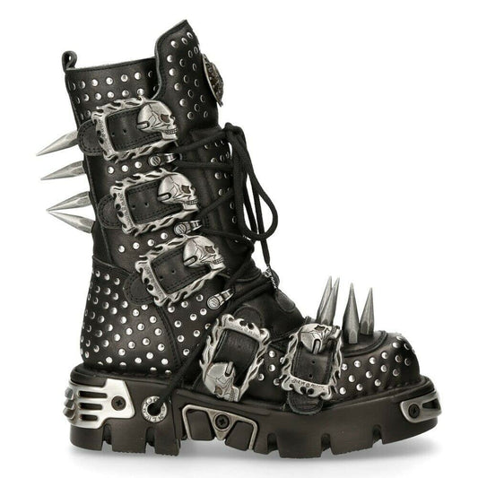 New Rock Boots 1535-S1 Mens Metallic Black Leather Goth Studded Spike Boot 9.5