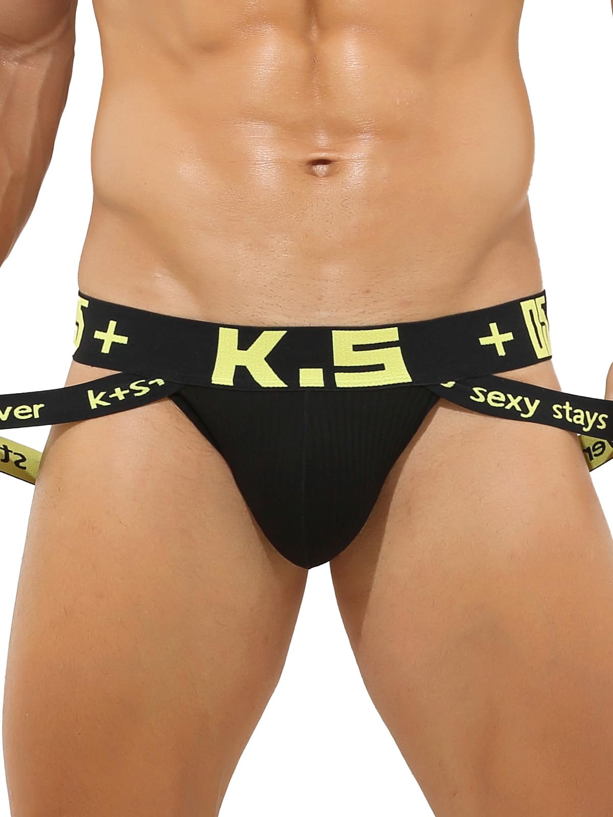 KAREN SPACE Men's Jockstrap Underwear Cotton Athletic Supporter Mens Thongs Sport Underwear Jock Strap,1923SD-Black,Large