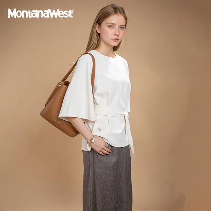 Montana West Hobo Bags for Women Medium Brown Shoulder Purse Casual Bucket Top Handle Handbag with Detachable Crossbody Strap, MWC-584BR