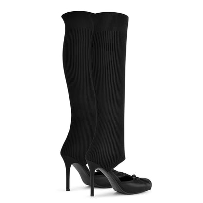 Women's Black Satin Ballet Heel Sock Boots, Ribbed Knit Knee High Stiletto Boots with Bow, Elastic Wide Calf Gladiator Sandals for Women Closed Square Toe Ballerina Shoes Elegant Size 6
