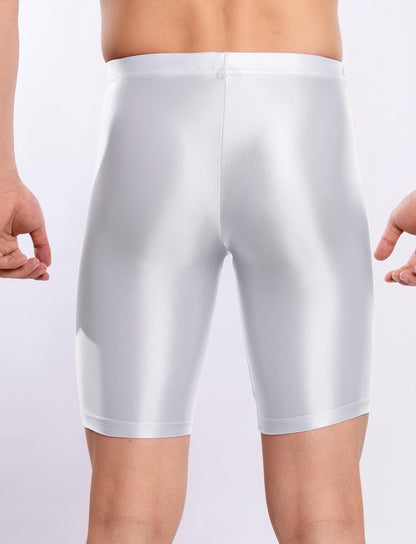 Men's See Through Ice Silk Shorts Shiny Sport Tight Oil Glossy Biker Shorts 3D Contour Seamless Workout Fitness Compression Shorts White XL