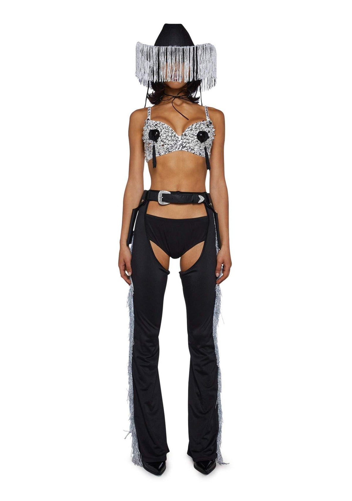 Dolls Kill Giddy Up Rhinestone Cowgirl Costume by Trickz N’ Treatz – Women’s Sequin Bra Top with Fringe Chaps & Hat, Black, Medium