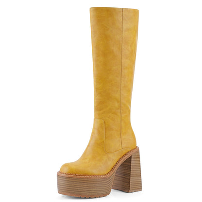 Platform Knee High Boots for Women Square Toe Square Toe High Heel Chunky Womens Boots Comfortable Casual Trendy Stylish Shoes Size 8