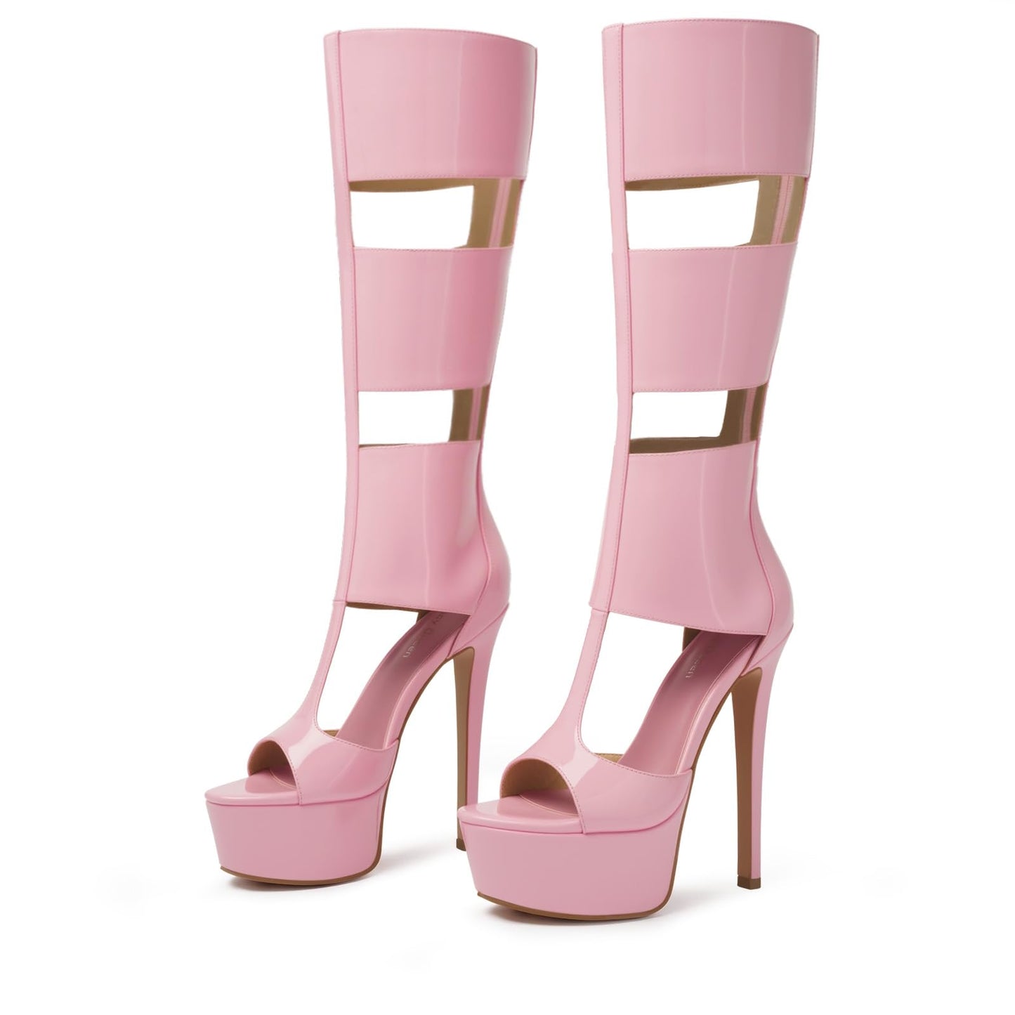 FancyQueen Gladiator Heels, Pink Platform Heels Open Toe Knee High Sandals Club Prom Boots, Sexy Style for Party