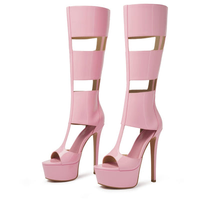 FancyQueen Gladiator Heels, Pink Platform Heels Open Toe Knee High Sandals Club Prom Boots, Sexy Style for Party