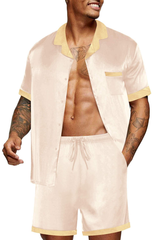 Ekouaer Men Satin Silk Pajamas Set with Pockets Sleepwear Shorts Satin Summer Loungewear 2 Piece Button Down Set S-3XL Champagne