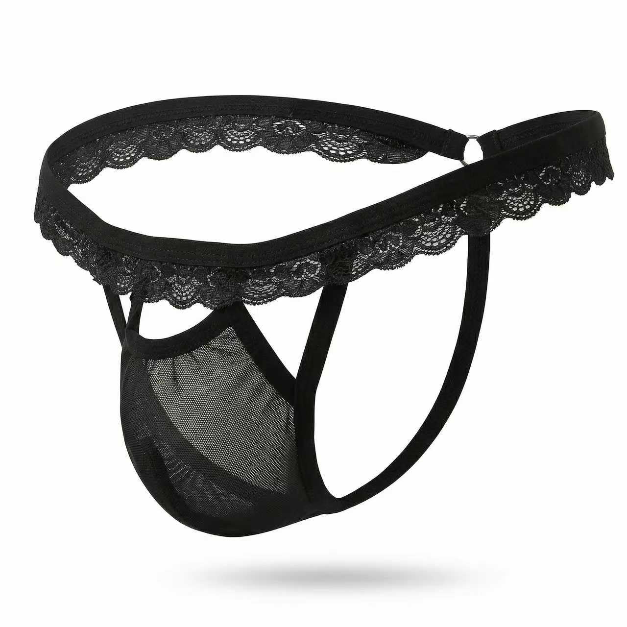 Men's Sissy Gay Bikini Briefs Sexy Lace Thongs T Back Bulge Pouch Panties Ultra G-String Thong Underwear(Black-L)