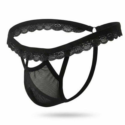 Men's Sissy Gay Bikini Briefs Sexy Lace Thongs T Back Bulge Pouch Panties Ultra G-String Thong Underwear(Black-L)
