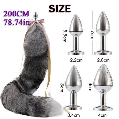Butt Plug Fox Tail,Silver Blue Artificial Handmade Fox Tail,SM Props, Stainless Steel Anal Plug,Female Anal Expander,Cosplay Sex Toys-200CM Tail||2.8CM Butt Plug