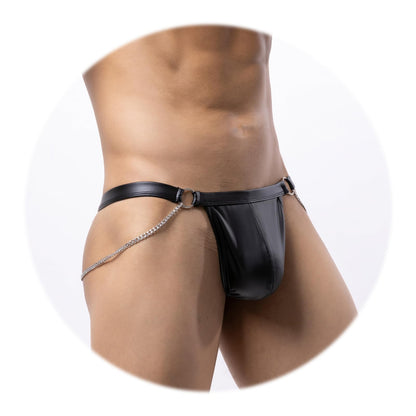 Evankin Men Sexy Leather Thong with Metal Chains Hollow Out T-Back Underwear Low Rise Bikini(Black,S)