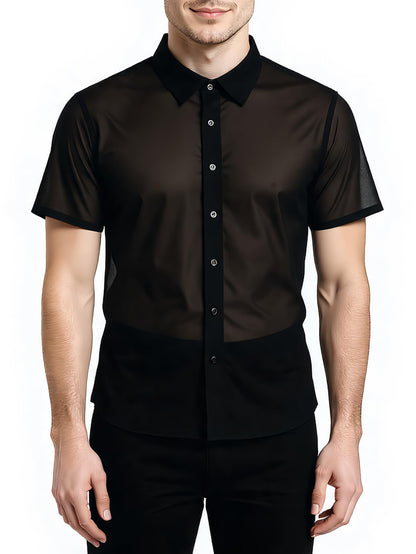 COOLOYA Men's Mesh Sheer Solid Short Sleeve Collar Button Front Party Shirt Tops Black M