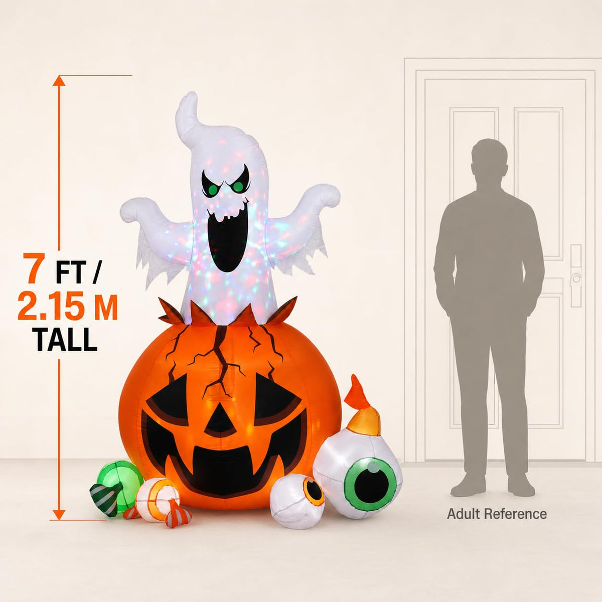 Halloween Inflatable Ghost Pumpkin with Colorful LED Lights Yard Decor