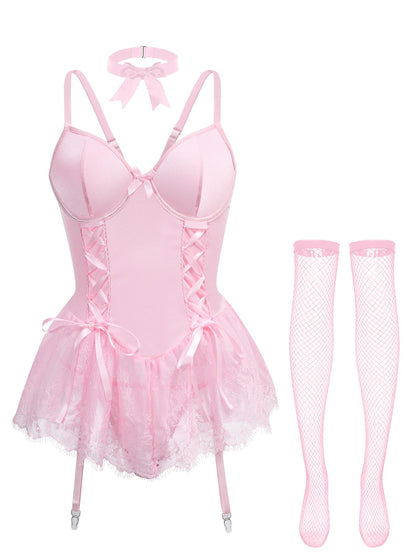 Sissy Underwire Bustier Lingerie Set Pink 2# Medium