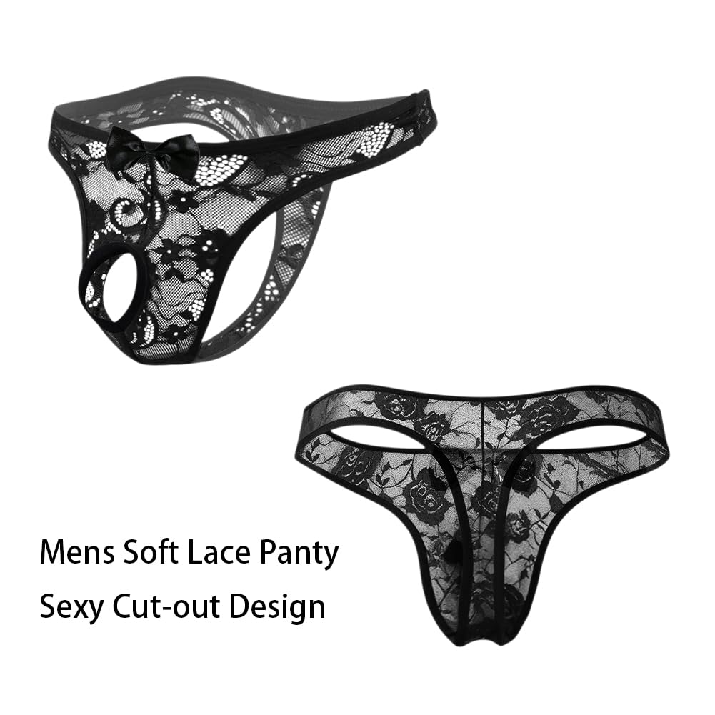 Mens Sexy Lace Underwear Open Front See Through Panties Low Rise Bikini Briefs 1-2 Pack(M720-Black-L