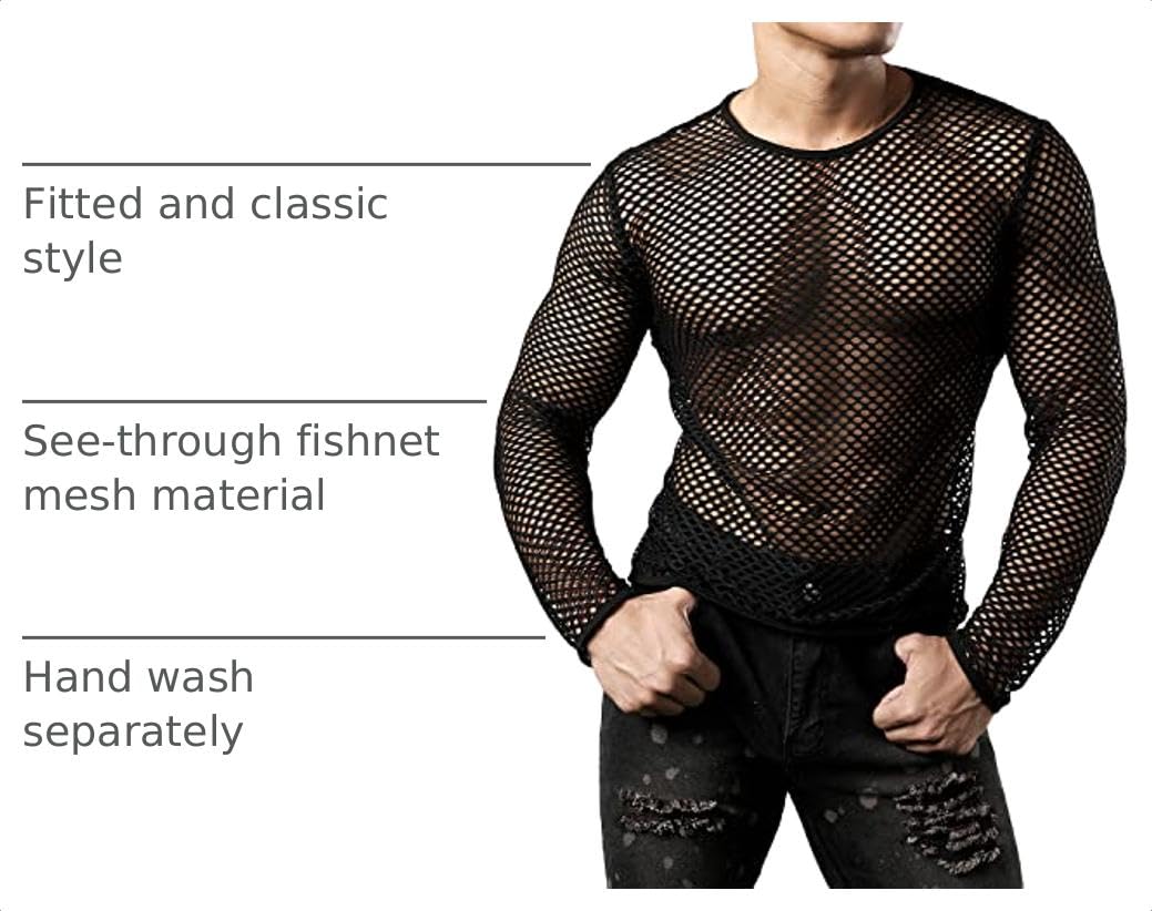 Gay Men's Mesh Fishnet Fitted Long Sleeve  Black