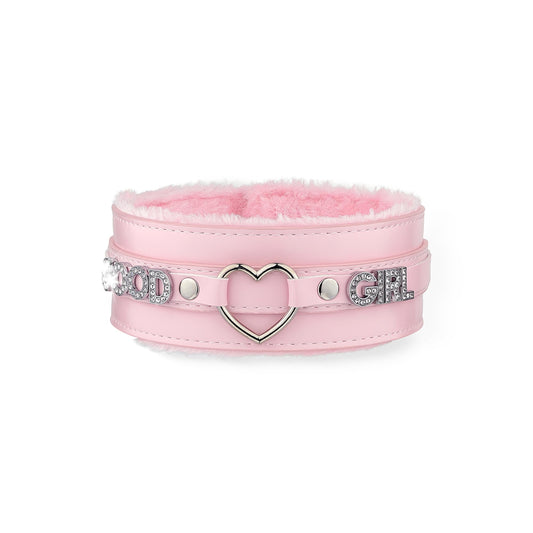Pink Furry Heart O-ring Leather Choker For Women, Adjusted to 13.5"-18"