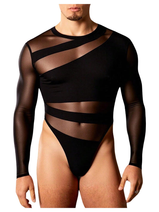 OYOANGLE Men's Long Sleeve Sheer Bodysuit Crew Neck Slim Fit Mesh Shirt Y2K Party Clubwear Streetwear Black Medium