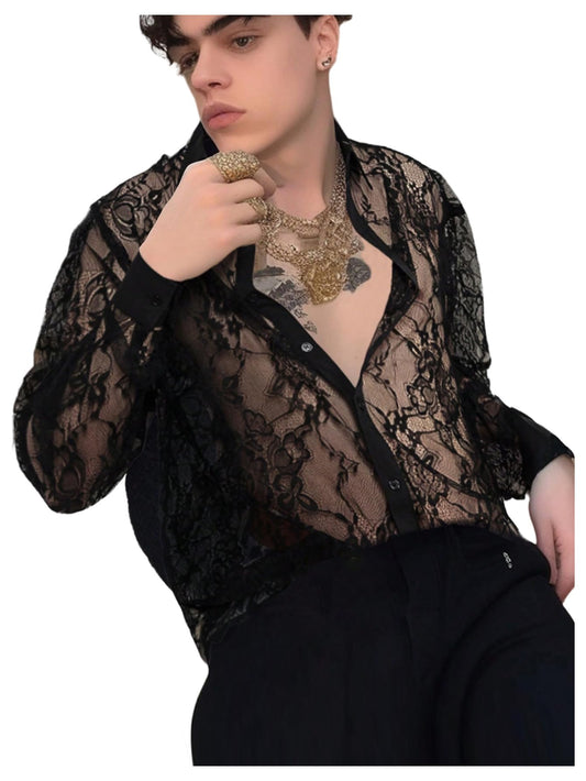 WDIRARA Men's Sexy Lace Button Down Shirts See Through Long Sleeve Collared Tops Party Clubwear Black X-Large