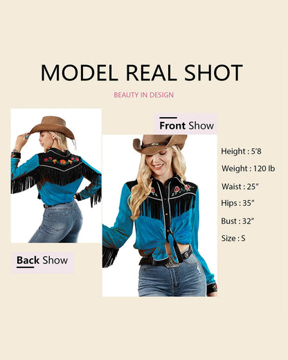 JOHN MOON Women's Fringe Western Long Sleeve Shirts with Floral Embroidered Cowgirl Button Down Shacket Blouse Country Rodeo Outfits Turquoise