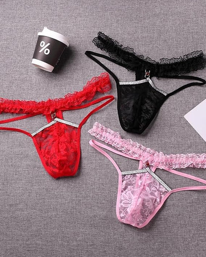 Men's Lace Sissy Panties - Pouch Thong, Feminine Underwear For Men Sexy Gay Lingerie Crossdresser Pink