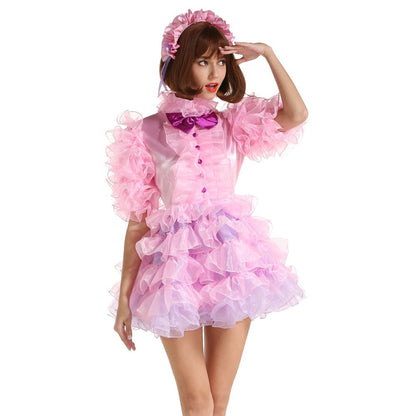 Women Sissy Maid Half Sleeve Lockable Puffy Pink Dress Uniform Crossdress (Medium)