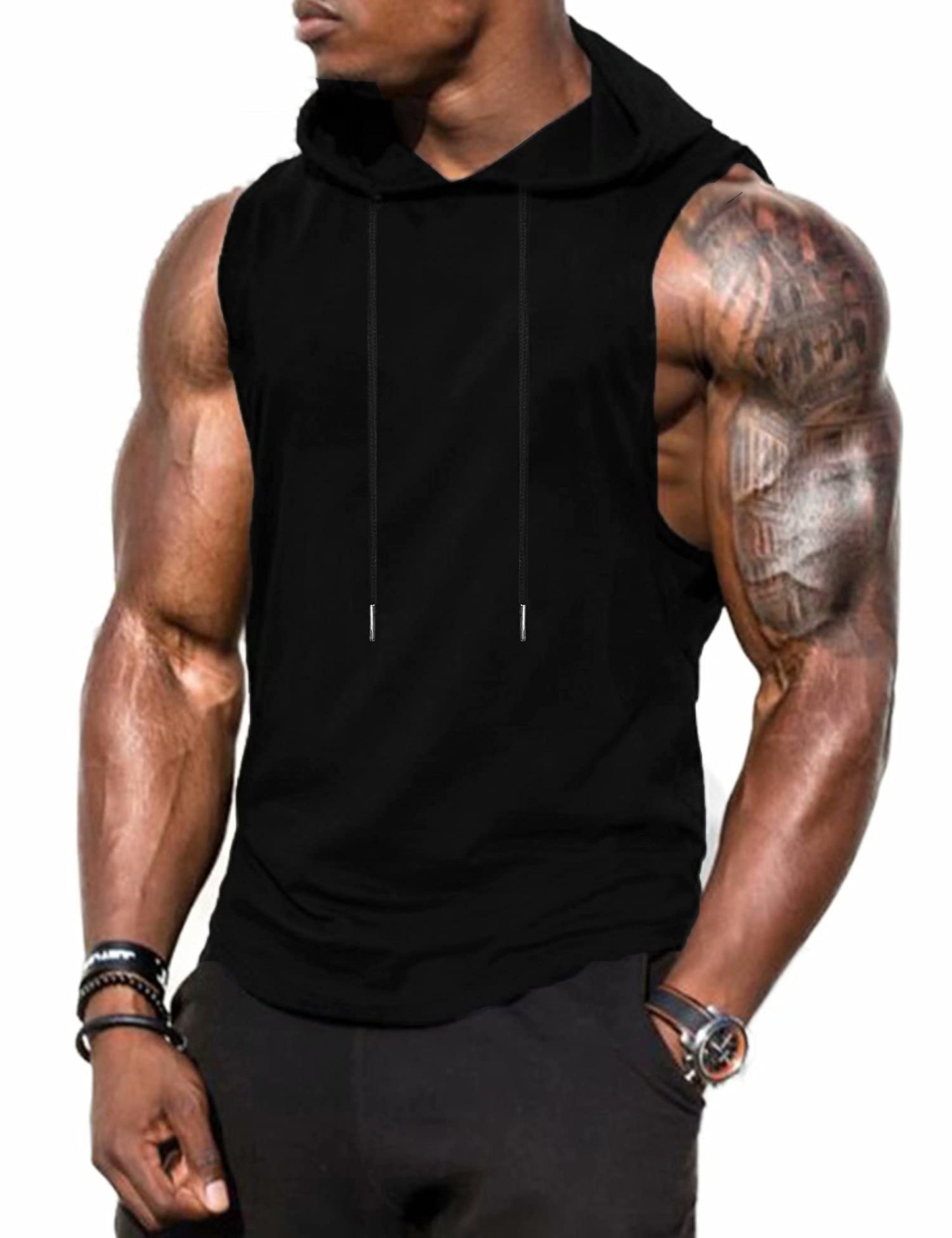 Babioboa Men's Sleeveless Training Muscle Hoodies Training Sleeveless Shirts Sports Tank Tops with Hood(Black Medium)
