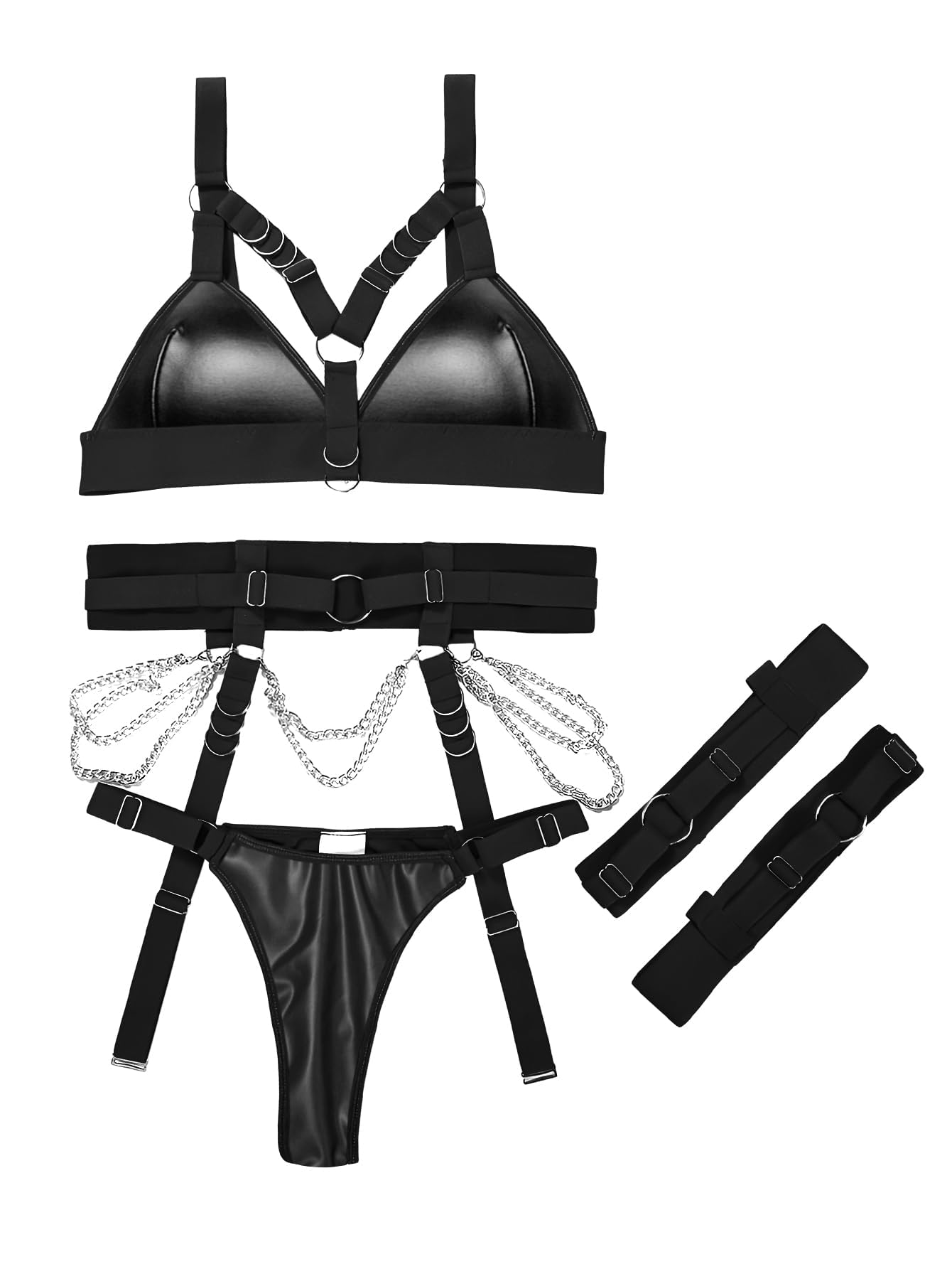 Lilosy Sexy Chain Strappy Garter Belt Women Lingerie Set Rave Outfits Harness Bra Panty 3 Piece Leather Latex Black Medium