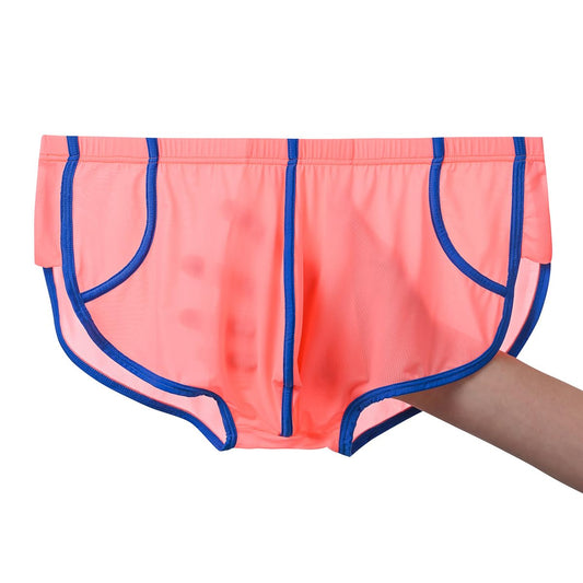 JINSHI Men’s Silk See Thru Boxer Briefs Sexy Mesh Lingeries High Split Bulge Pouch Boxers Shorts Mens Ultra Thin Underwear Orange XXL