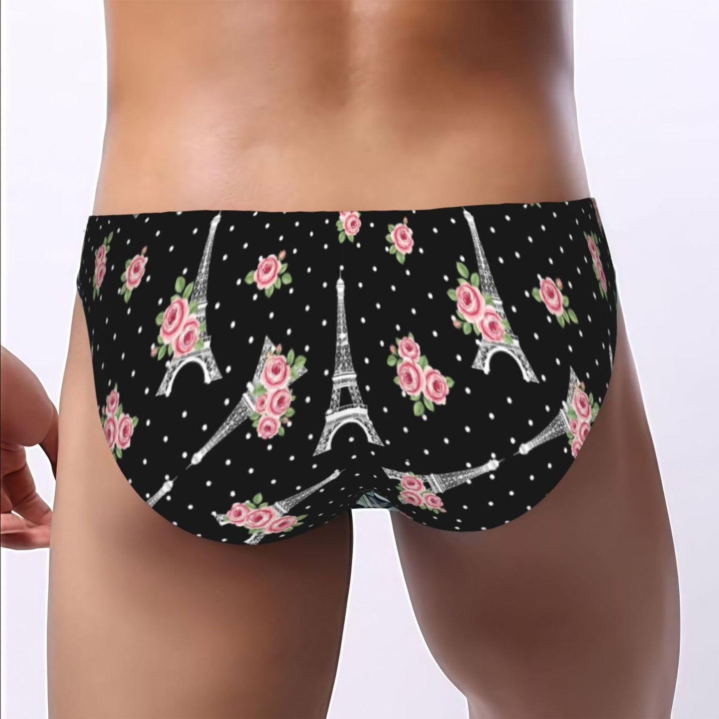 Men's Bikini Briefs Black Eiffel Tower Paris Wedding Roses Flowers Low Rise With Contour Pouch Soft Stretchy Seamless Underwear Breathable Lightweight For Daily Wear