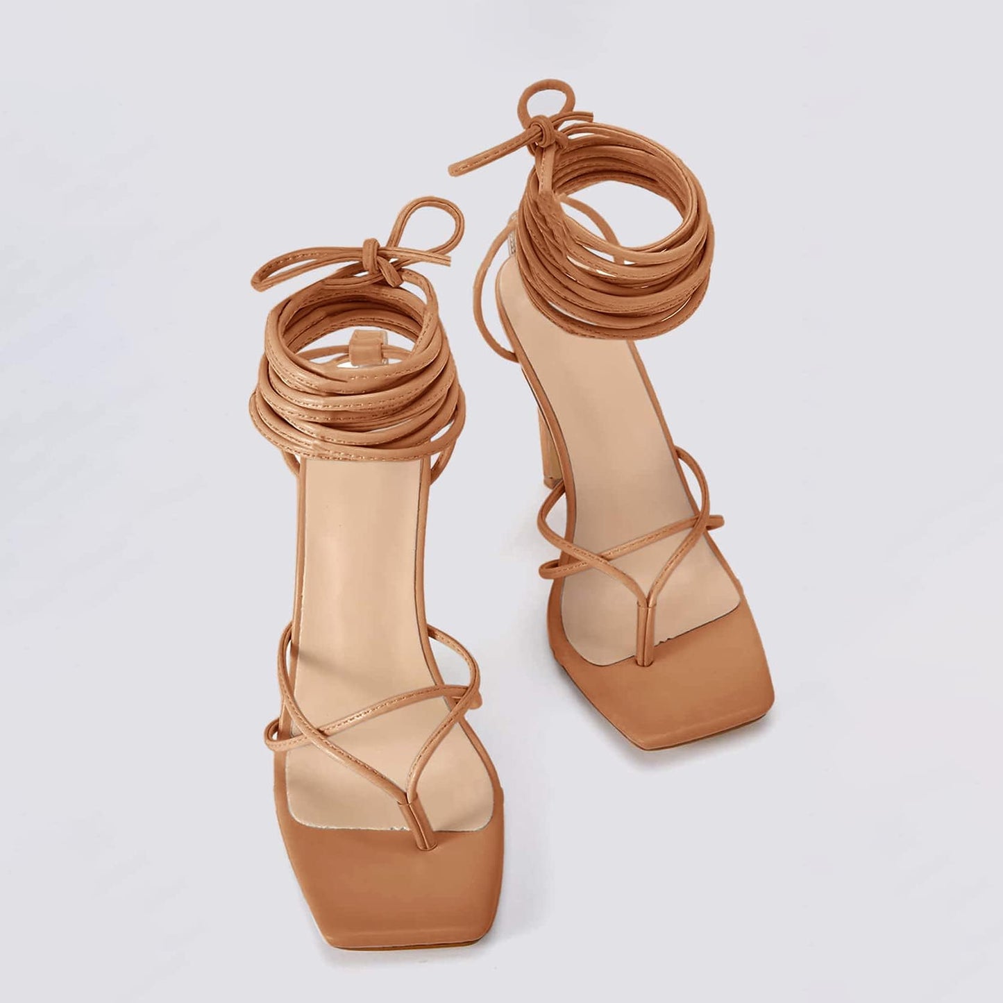 Women's Lace Up Heeled Sandals Square Flip Flop High Heels Strappy Party Shoes,Taupe,Size 7