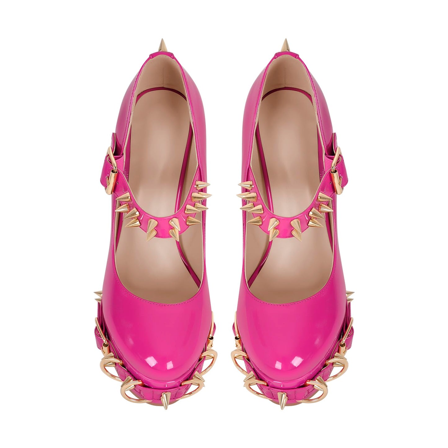 Sissy- Crossdressing - Mary Jane Platform Pumps with Rivets and Grommets Adjustable Ankle Buckle Up Chunky Block Heels Round Toe Strappy Heel Patent Leather Punk Shoes Cool Oustside Dress Peach Size 5