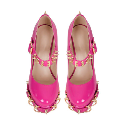Sissy- Crossdressing - Mary Jane Platform Pumps with Rivets and Grommets Adjustable Ankle Buckle Up Chunky Block Heels Round Toe Strappy Heel Patent Leather Punk Shoes Cool Oustside Dress Peach Size 5
