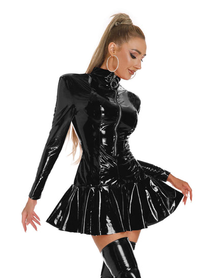 Latex Dress for Women Black Leather Body Suits Sexy Wet Look Lingerie Outfits Catwoman Halloween Dominatrix Costume S