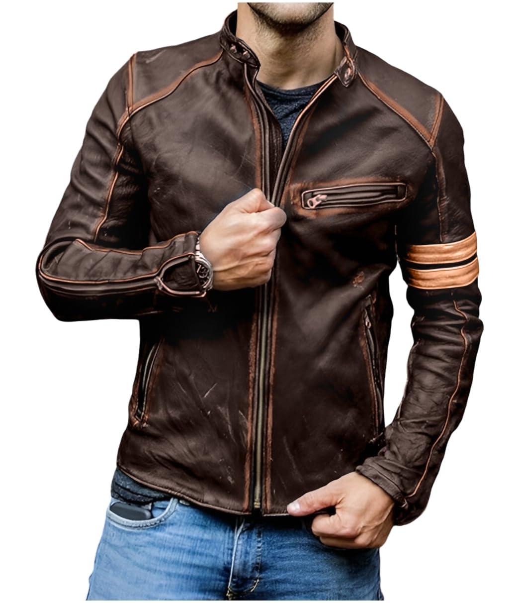 Jild Distressed Café Racer Brown Leather Jacket Men - Genuine Lambskin Leather Biker Style Mens Vintage Motorcycle Jacket (YP-Brn-L)