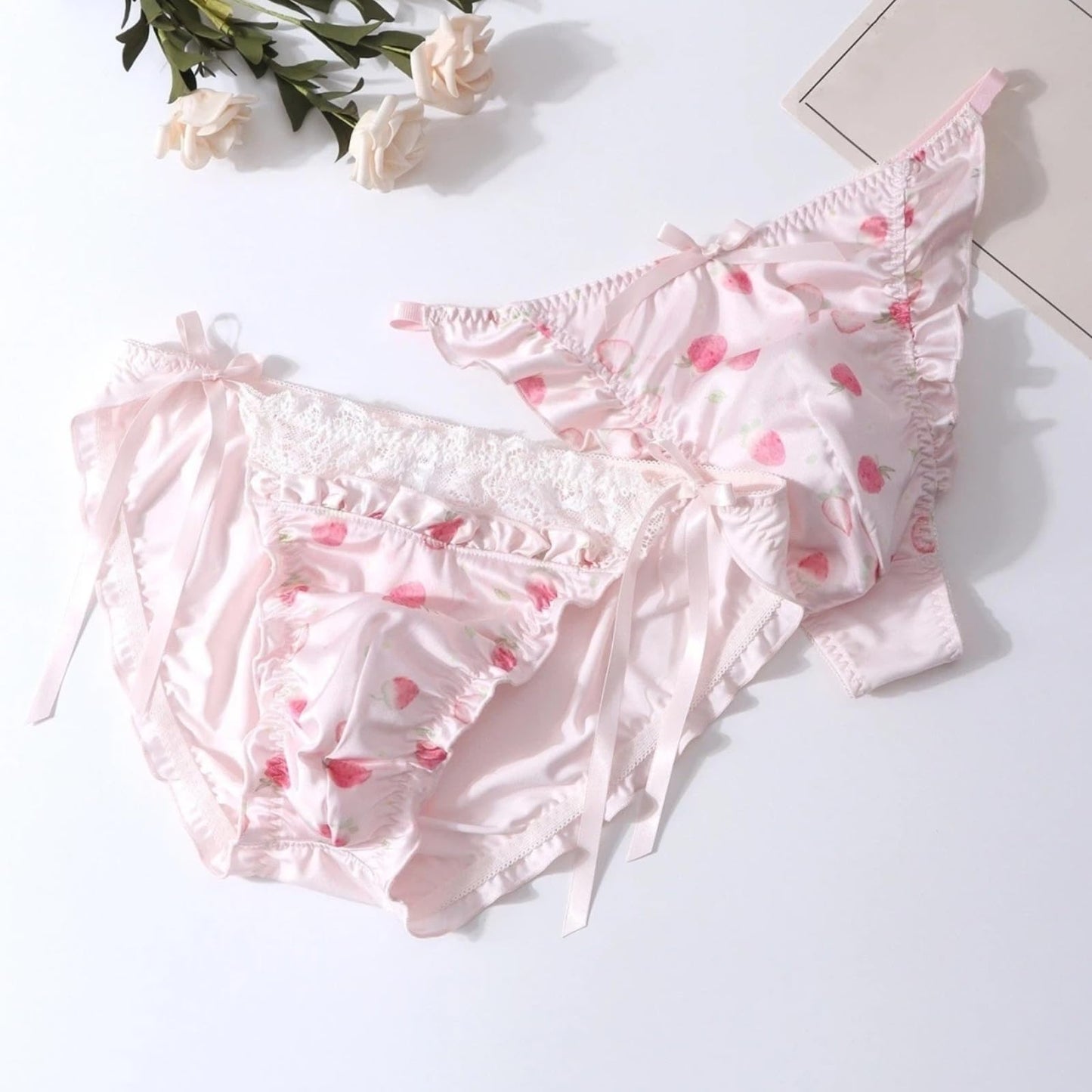 Sissy Pouch Panties Men's - Cute Pink Satin Lace Briefs Bikini Sexy Pouch G-String Thongs Underwear for Men (Tie-side,Medium)
