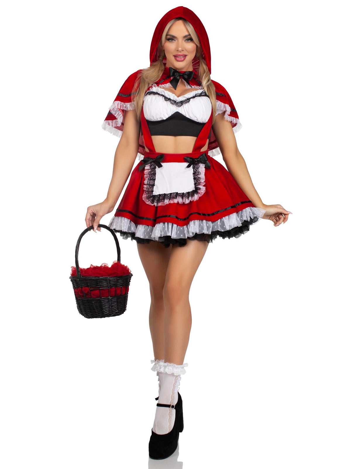 Leg Avenue Women's 3 Pc Flirty Miss Red, Includes Lace Trimmed Crop Top, Suspender Skirt, and Hooded Cape, X-Large, Red/White