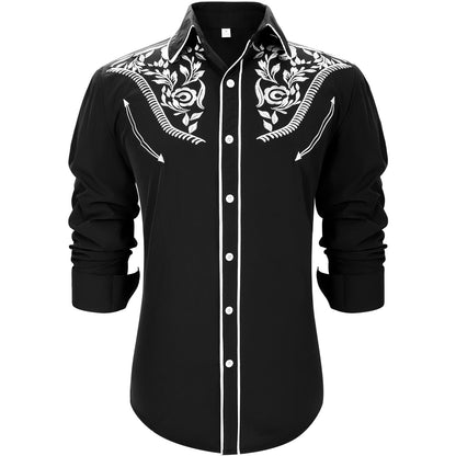 UpFind Western Shirts for Men Cowboy Shirts Long Sleeve Embroidered Country Shirt Slim Fit Button Down Shirt Casual Work Shirts Black