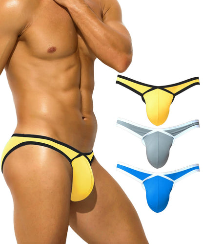 PAIZH Mens Sexy Bulge Pouch Bikini Low Rise Soft Stretch Striped Briefs Underwear for Male 3Pack Yellow Grey Blue M