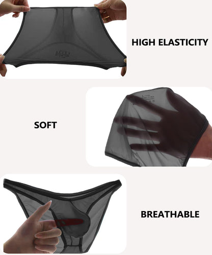 Men's Sexy Low Rise Briefs See-through Ice Silk Bikini Soft Sheer Bulge Pouch Underwear Black S