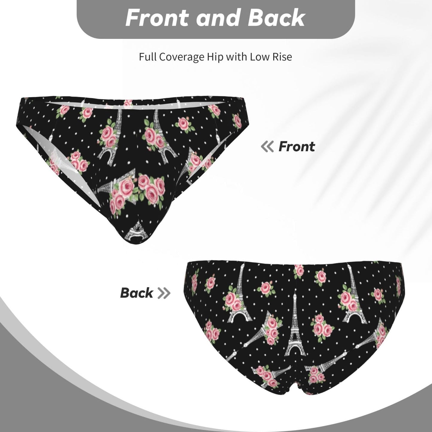 Men's Bikini Briefs Black Eiffel Tower Paris Wedding Roses Flowers Low Rise With Contour Pouch Soft Stretchy Seamless Underwear Breathable Lightweight For Daily Wear