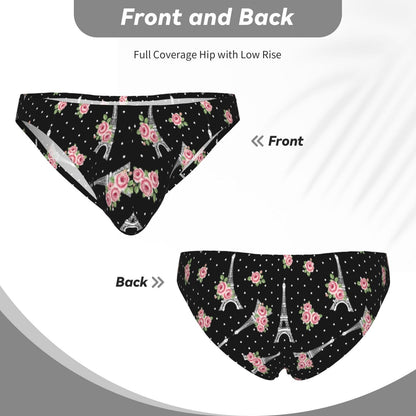 Men's Bikini Briefs Black Eiffel Tower Paris Wedding Roses Flowers Low Rise With Contour Pouch Soft Stretchy Seamless Underwear Breathable Lightweight For Daily Wear