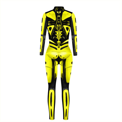 Women's 3D Mechanical Robot Skeleton Print Halloween Jumpsuit Romper Cosplay Costume Yellow M